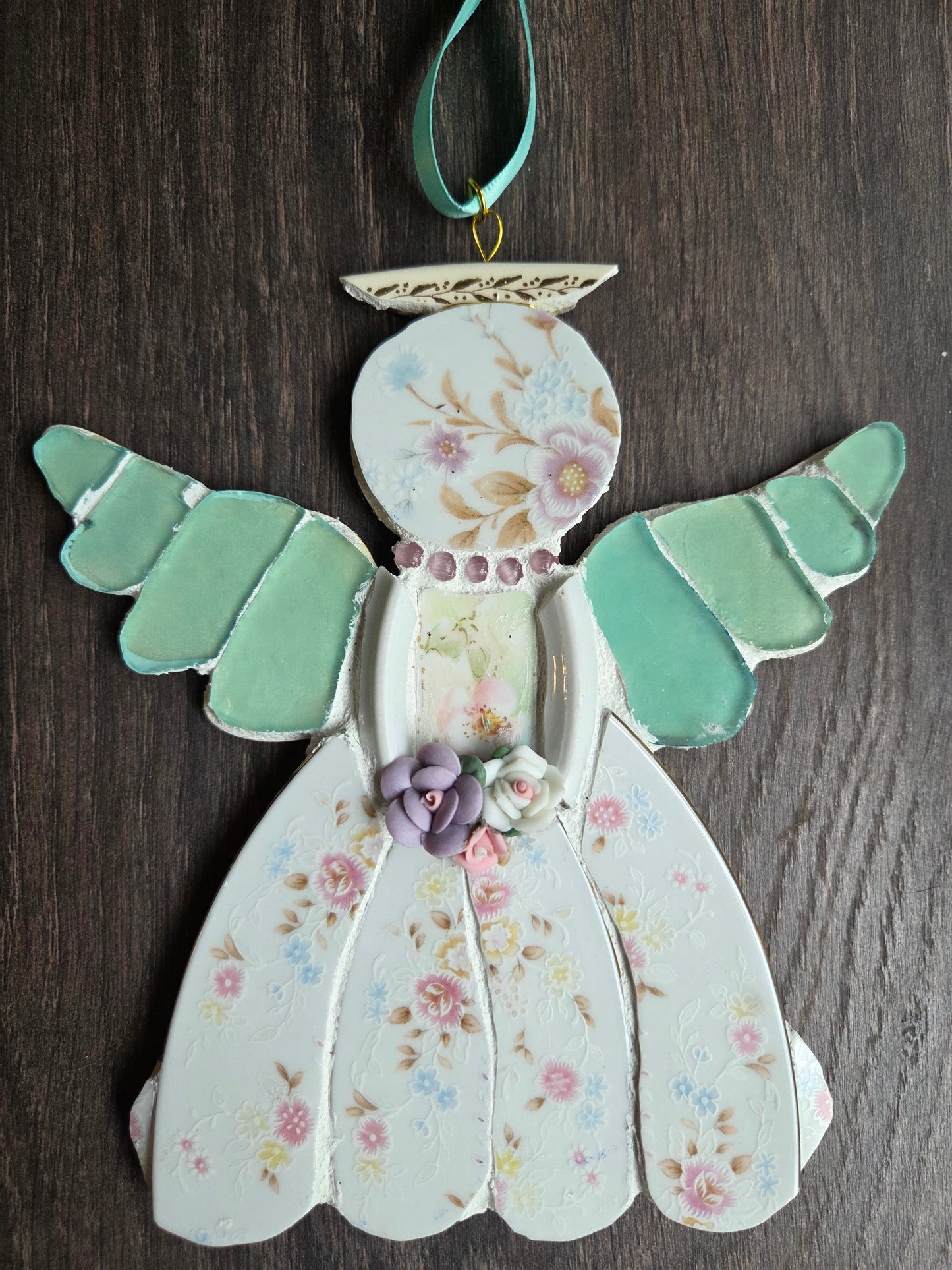 Pink and green flower broken china mosaic angel