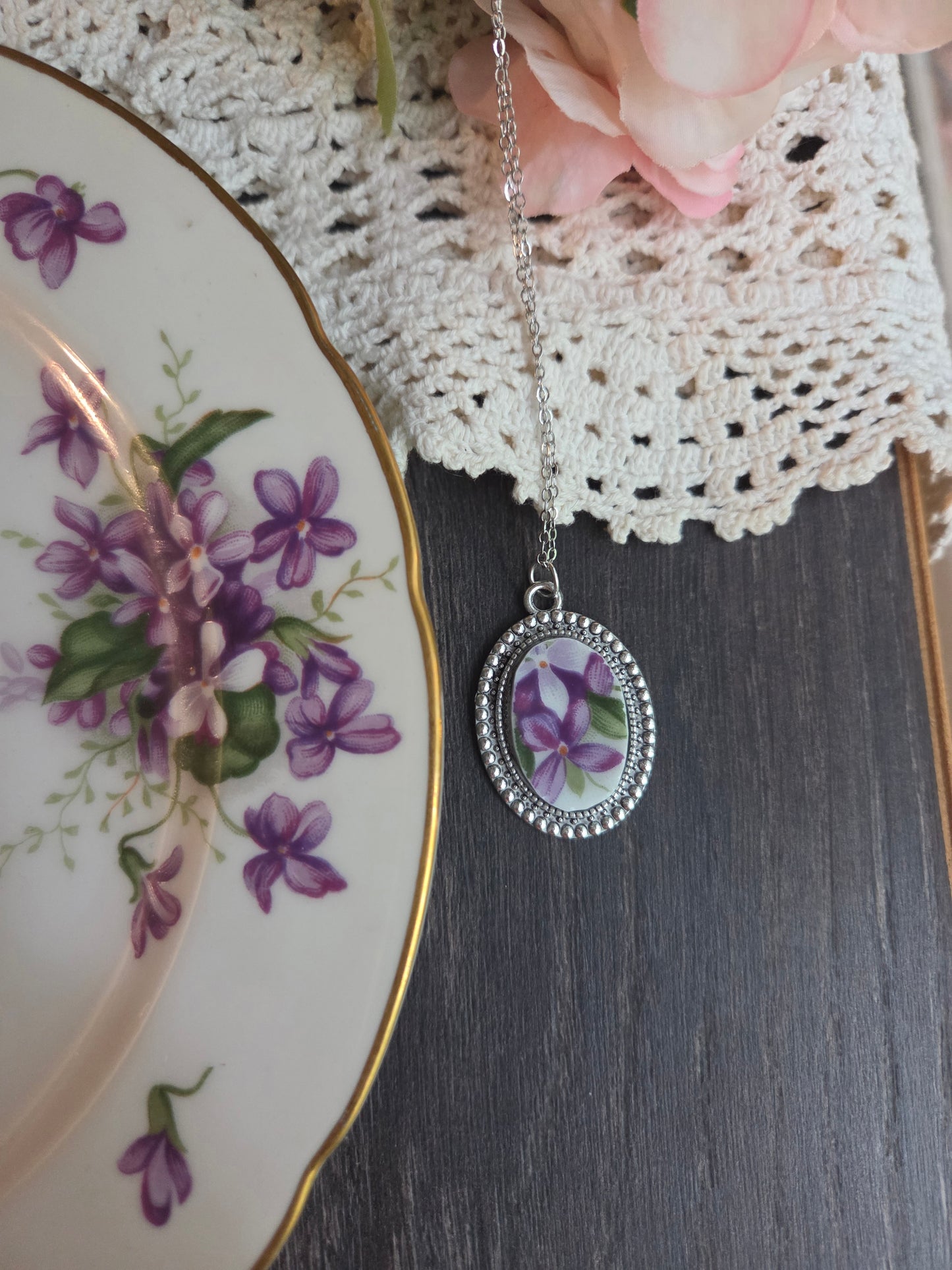 11" Antique style silver purple violets broken china pendant necklace