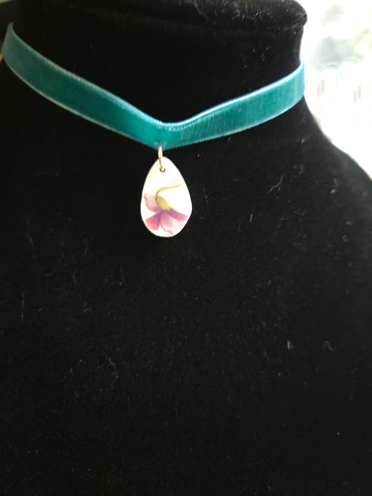 14" green velvet choker with purple flower broken china plate with teardrop shape
