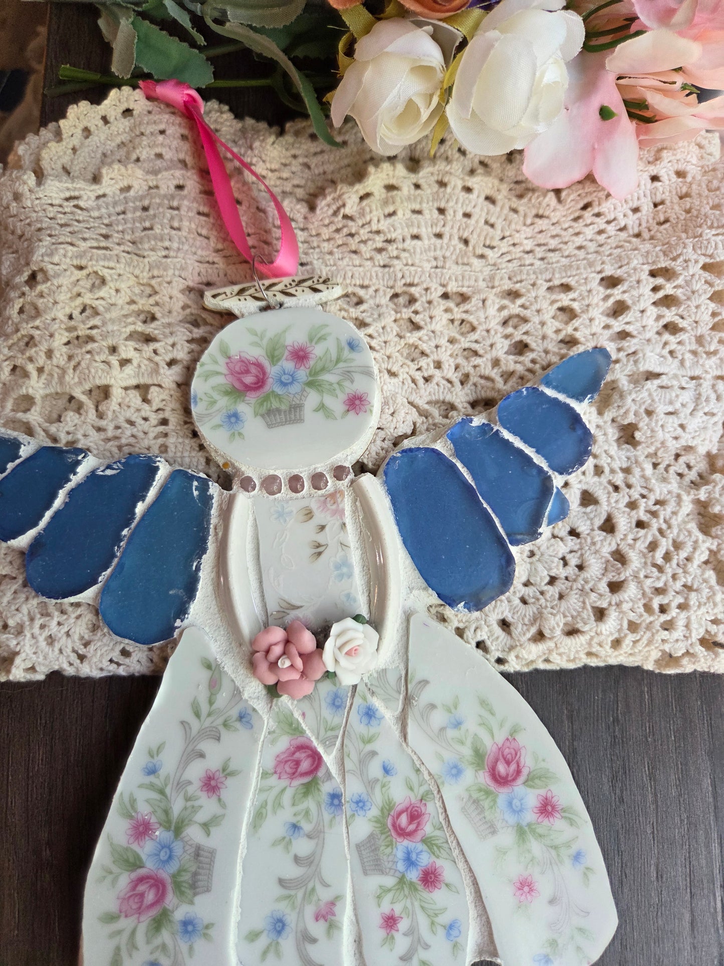 Blue and pink flower basket mosaic angel