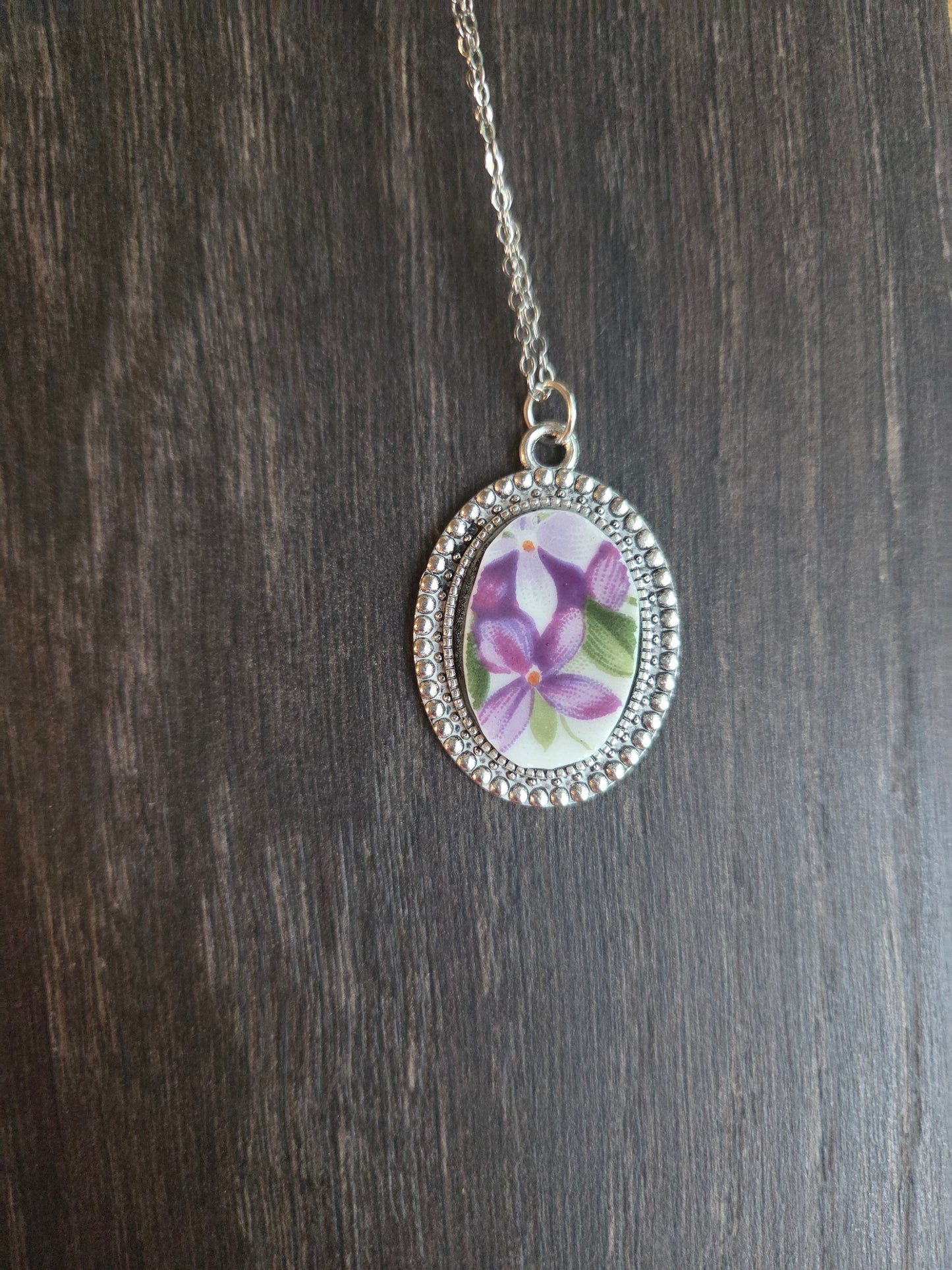 11" Antique style silver purple violets broken china pendant necklace