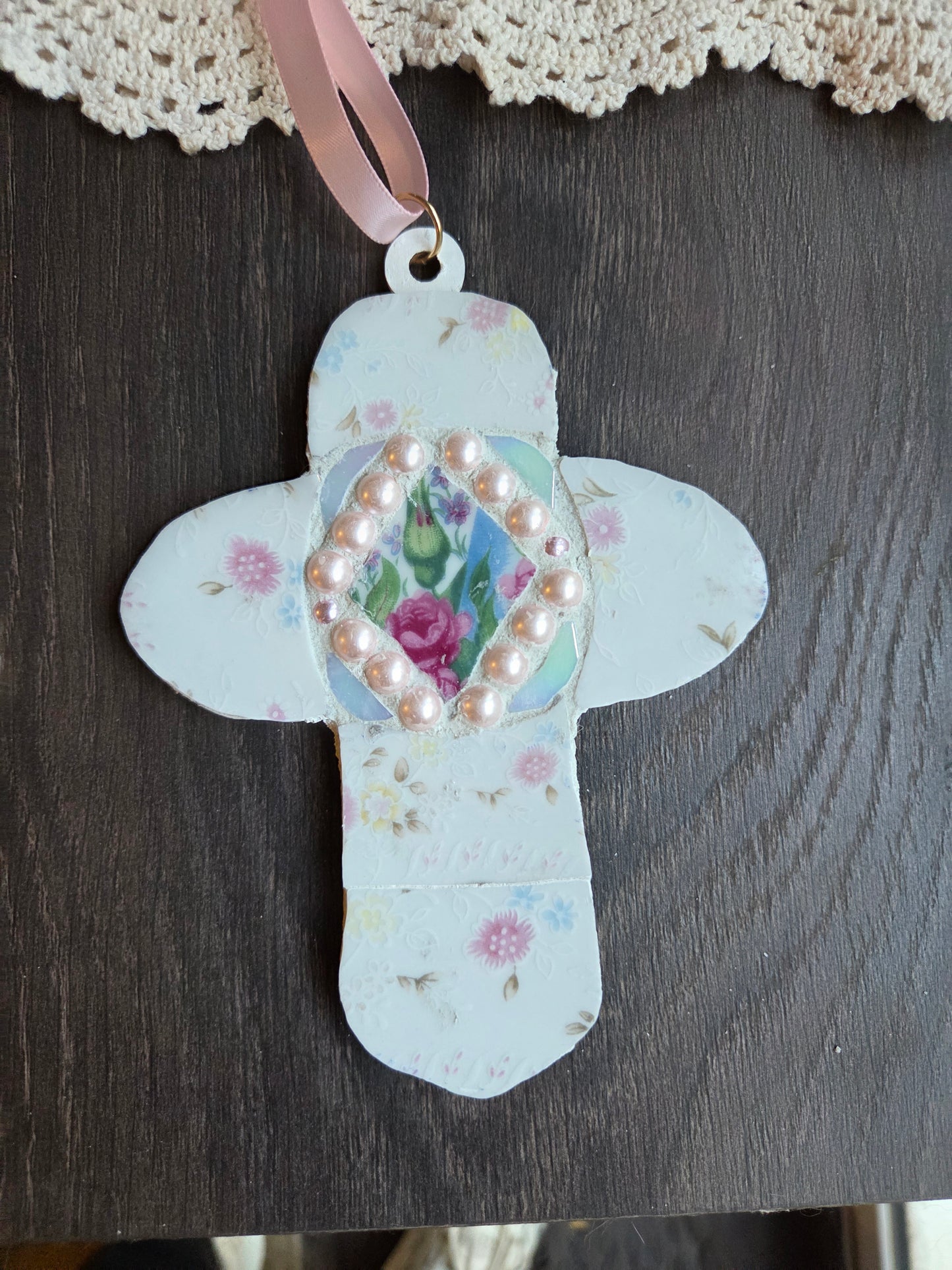 Pink and rose broken china cross