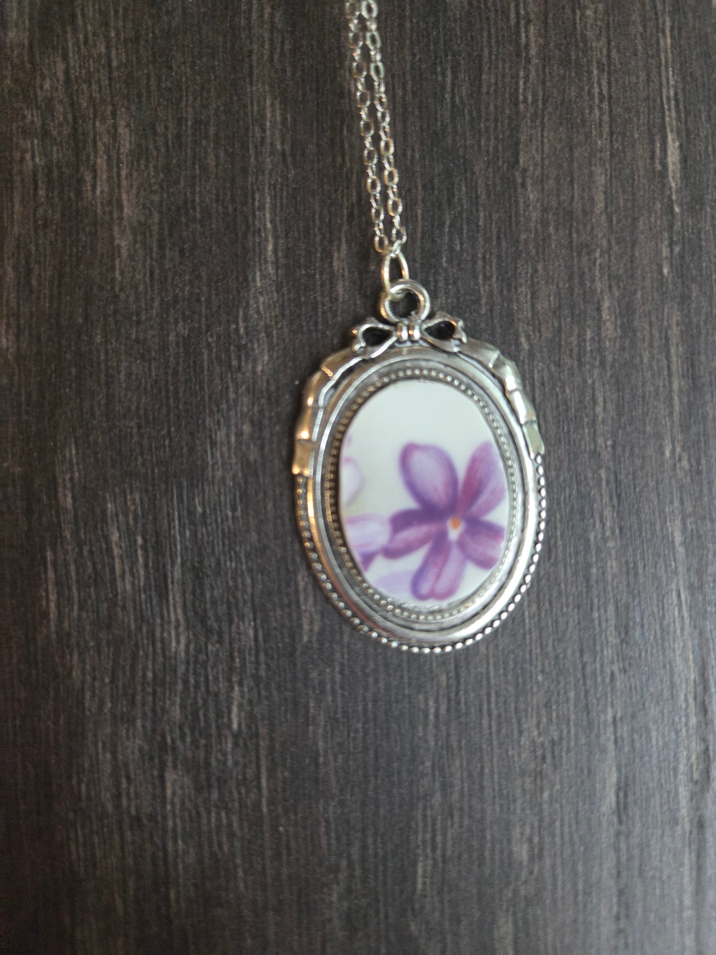 11" Antique style sliver purple violets broken china pendant necklace