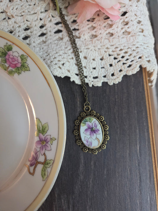 11" Antique style purple Lily Broken china pendant necklace