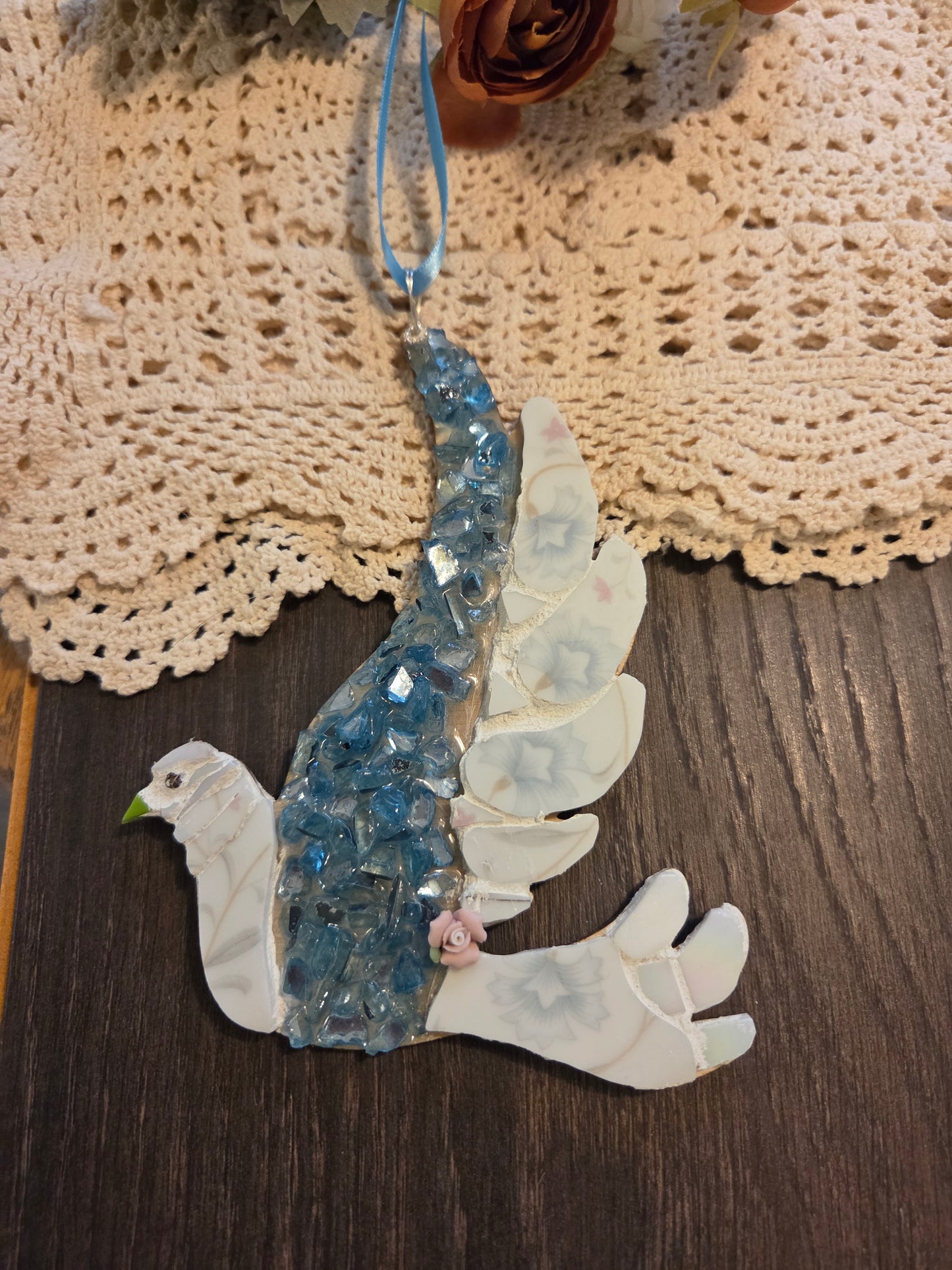 Blue broken china dove with resin