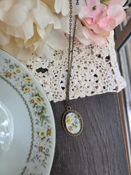 11" Antique style Sunflowers broken china insert necklace
