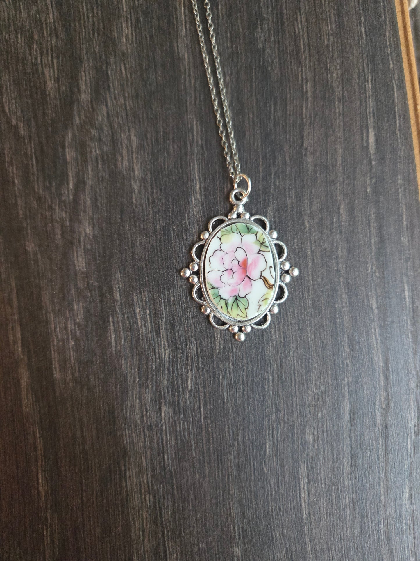 11" Antique style silver pink rose pendants broken china pendant necklace